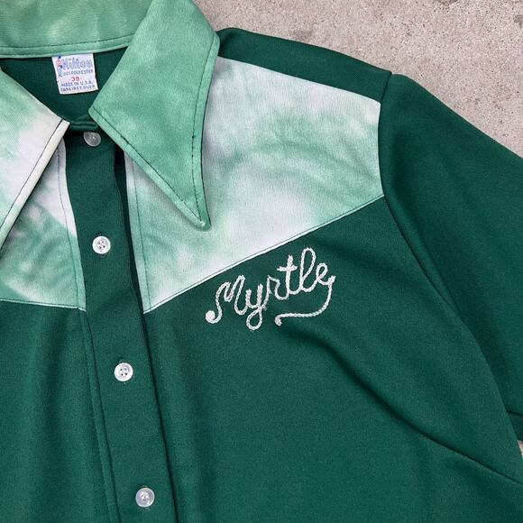 True Vintage Hilton Chainstitch Myrtle School Street Jeep Green Bowling Shirt 38 - Picture 3 of 11